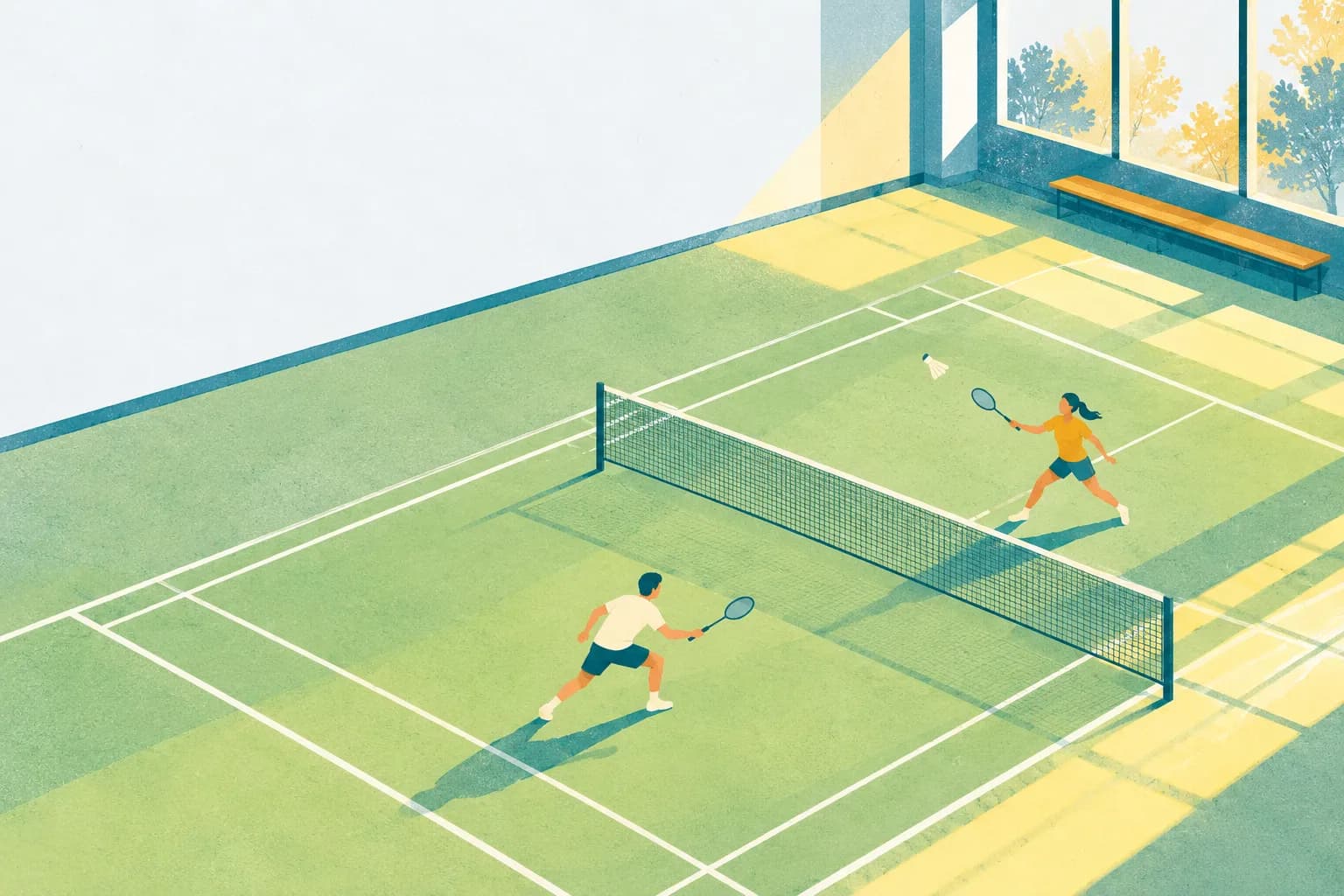 Doubles players on covered rooftop badminton courts with light blue lines on a teal floor, a city skyline beyond the open sides