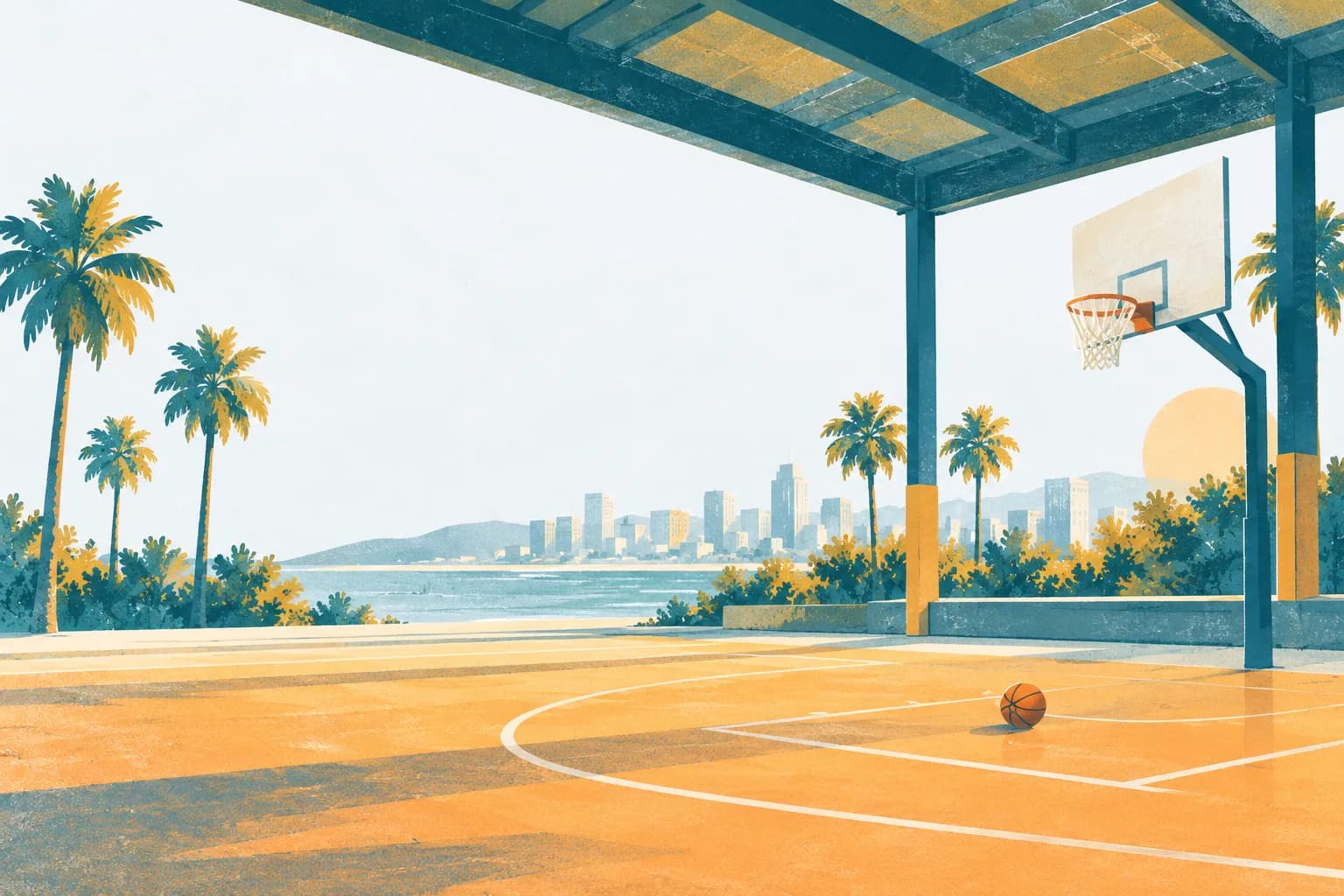 Players mid-game on a covered basketball court with orange lines on a teal floor, a city skyline beyond the open sides