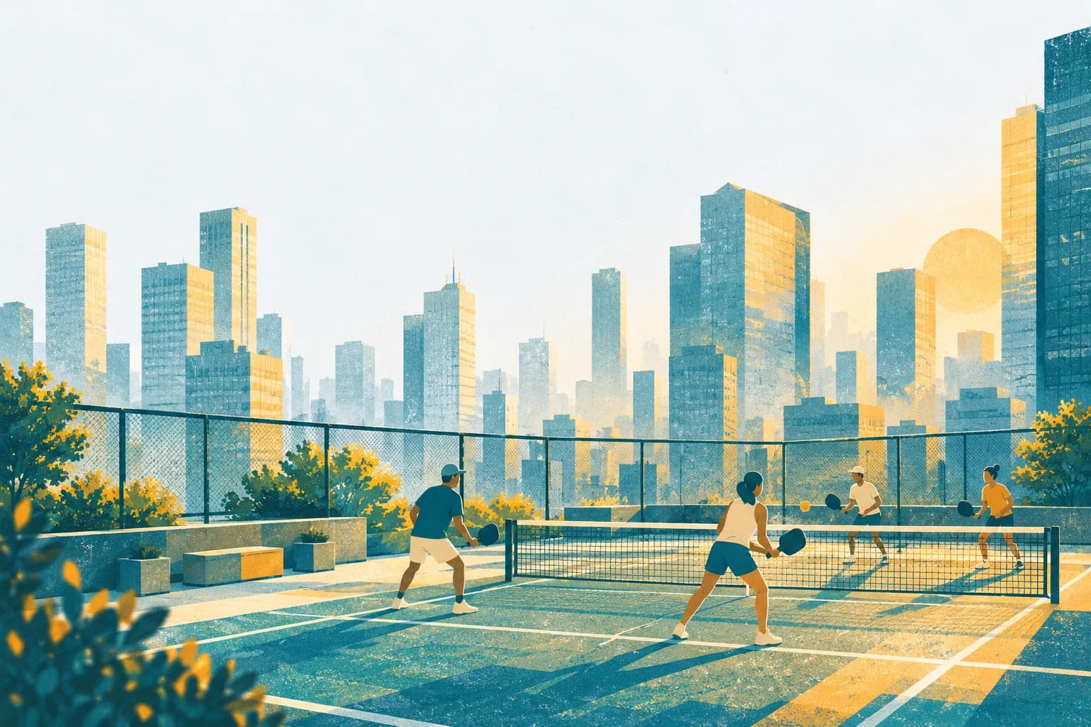 Covered basketball court with orange lines on a teal floor and office towers beyond its open sides