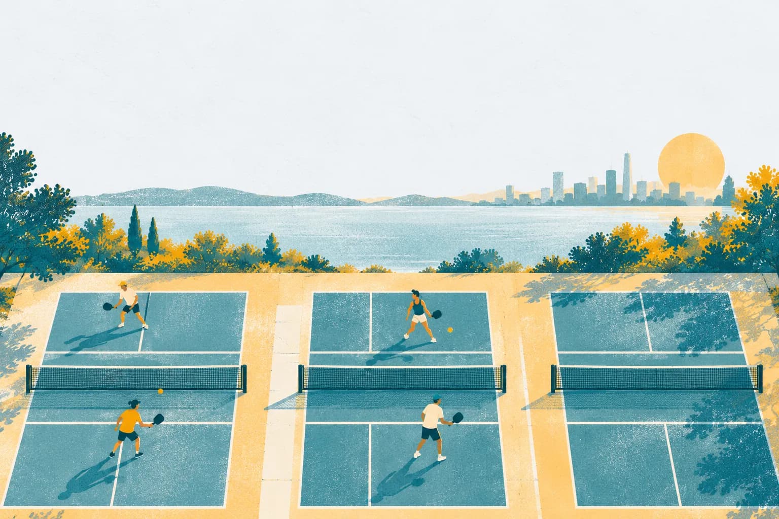 Players mid-rally on covered pickleball courts with mint lines and a teal surface, with a city skyline beyond the open sides
